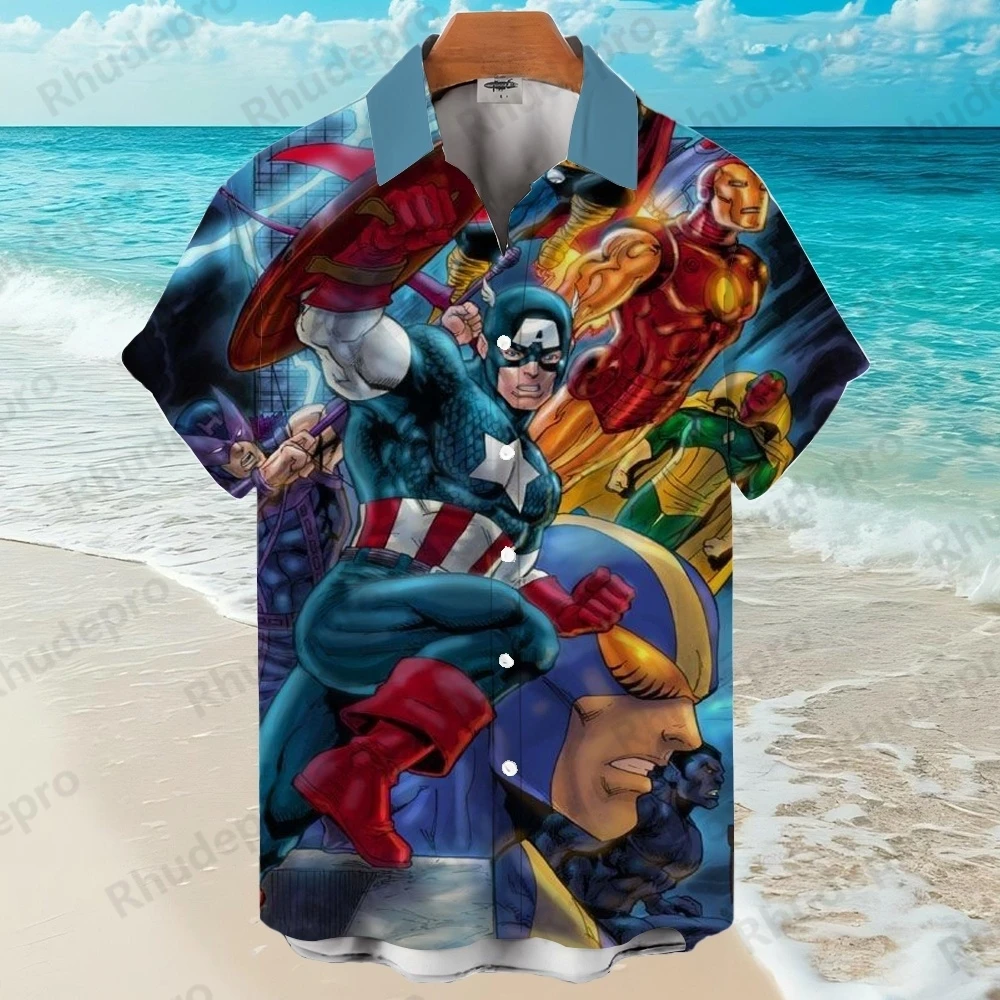 디즈니 2025 새로운 어벤저 스 3D 프린트 슈퍼 히어로 하와이 셔츠 남성용 옷깃 반소매 셔츠 하라주쿠 스타일
