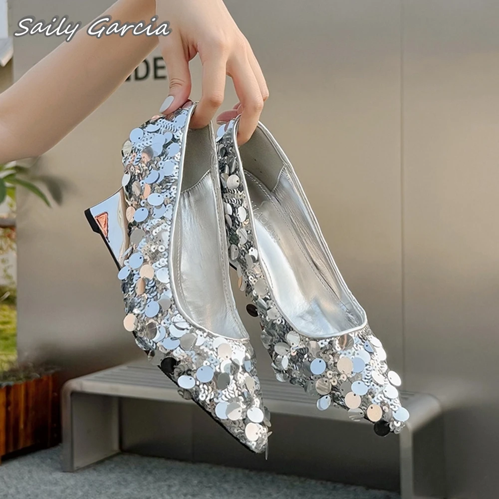 

Genuine Leather Sequin Cloth Strange Heel Sexy Party Pumps Fashion Buling Luxury Shoes Pointed Toe Shallow Slip On Casual Shoes