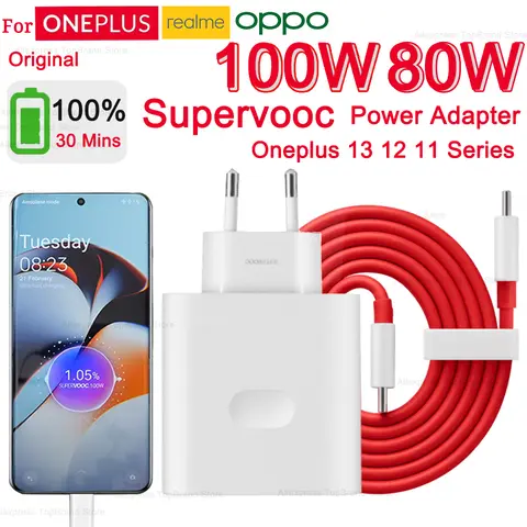 Original Oneplus Charger SuperVOOC 100W Type-A Power Adapter EU 80W Super Fast Type C Cable One Plus 13 12 11 10 Pro Nord CE 3 5