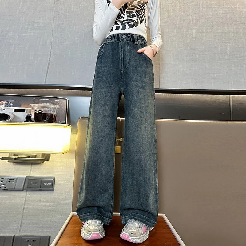 Wide Leg Jeans for Girls Spring Autumn Loose Vintage Straight Retro Pants Fashion Teenage Kids Trousers 6 8 9 10 11 12 14 Years