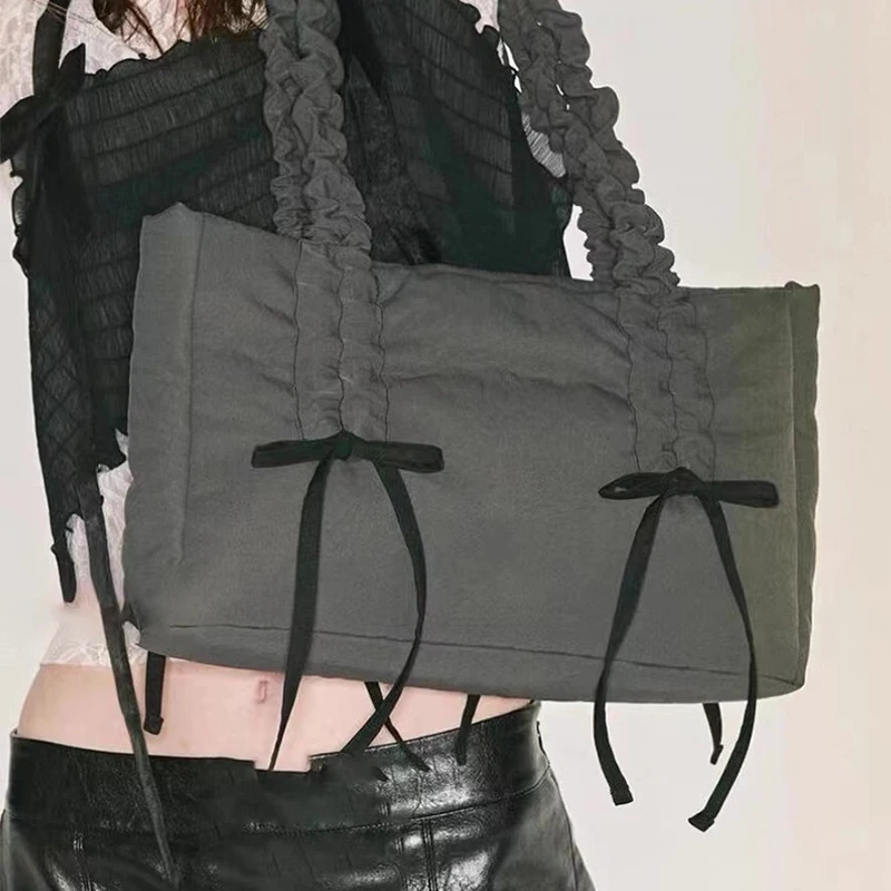 Bolso de mano informal coreano para mujer, monederos de diseñador de lujo, correas fruncidas de poliéster, lazo de gran capacidad, hombro, nuevo