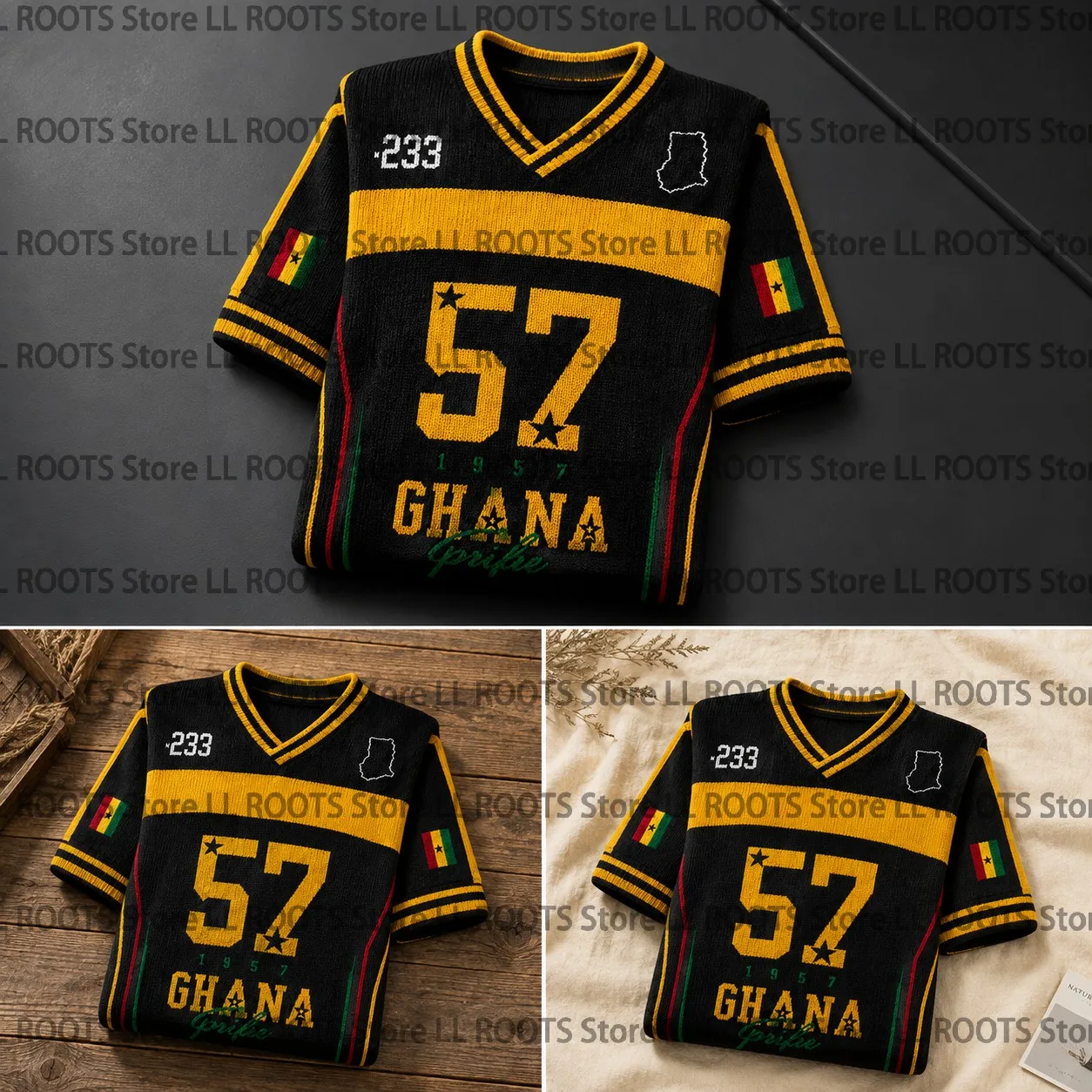 Ghana Flag Print Knitted V-Neck T-Shirt, Casual Hip Hop Street Style Short-Sleeve Sweater, Versatile for Everyday Wear