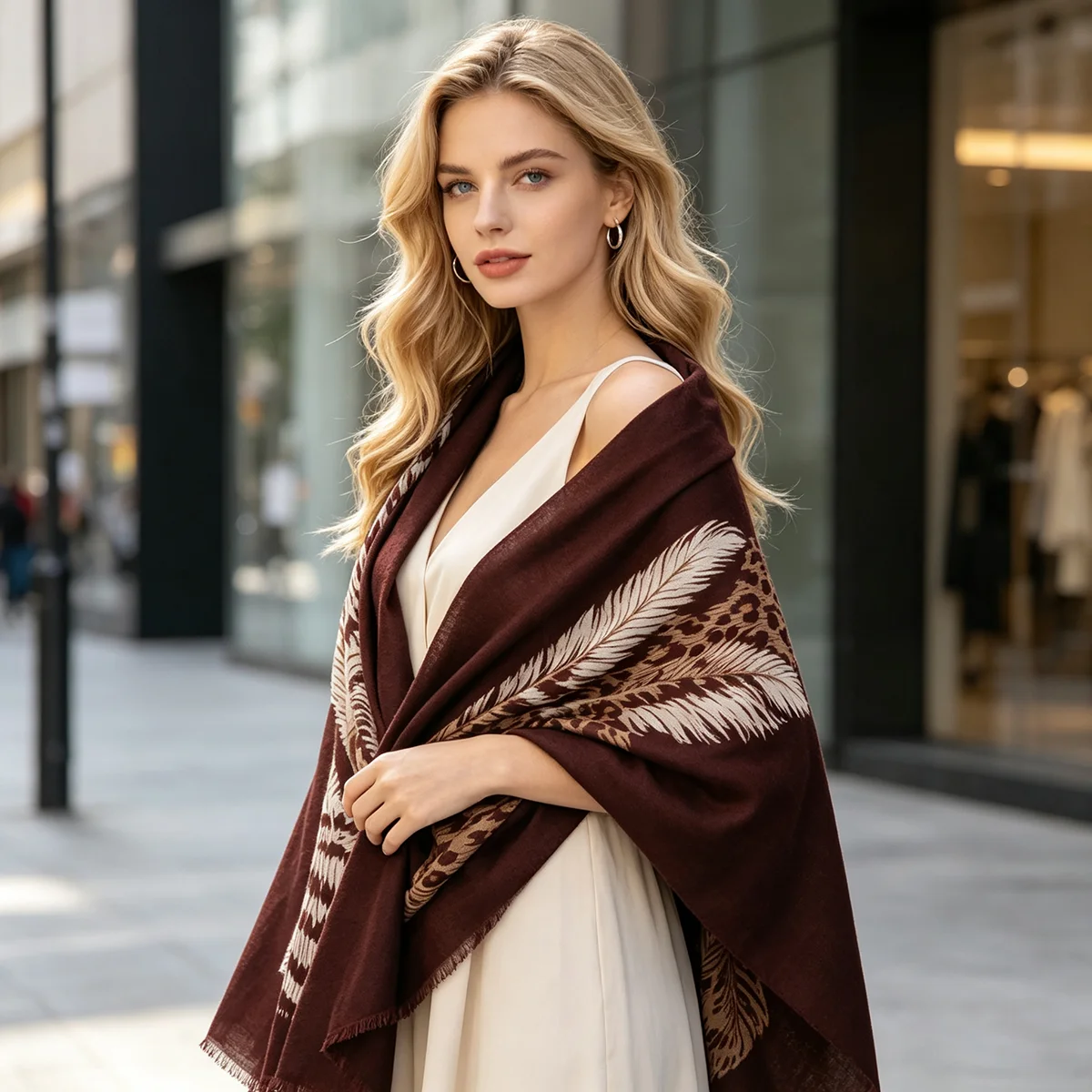 Women's Burgundy Leopard Tiger Print Scarf, Lightweight Fringe Shawl, 180x88cm Fashion Neck Wrap for Daily Casual Outfits