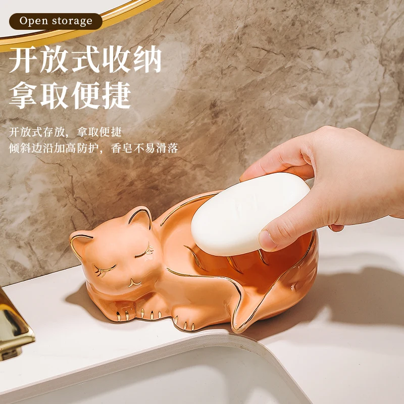 Bathroom cute cat decorations light luxury high-end punch-free ceramic soap box soap dish drain rack