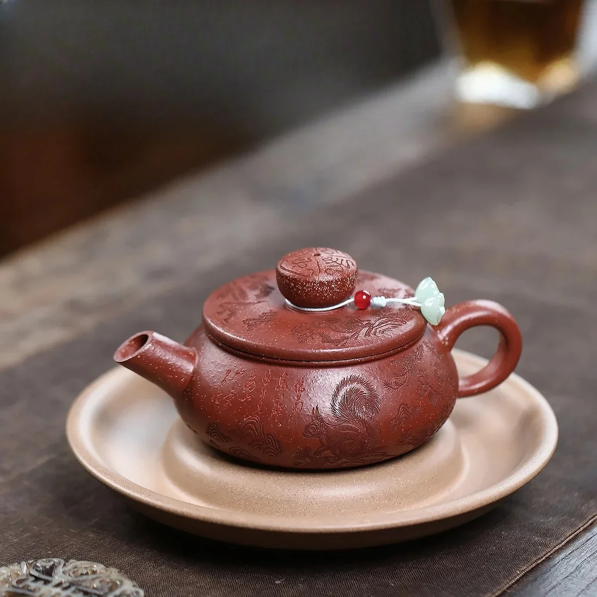 Yixing purple clay teapot, original ore, red sloping mud, carved squirrel shaped spout, Han tile, Kung Fu tea set Chinese teapot