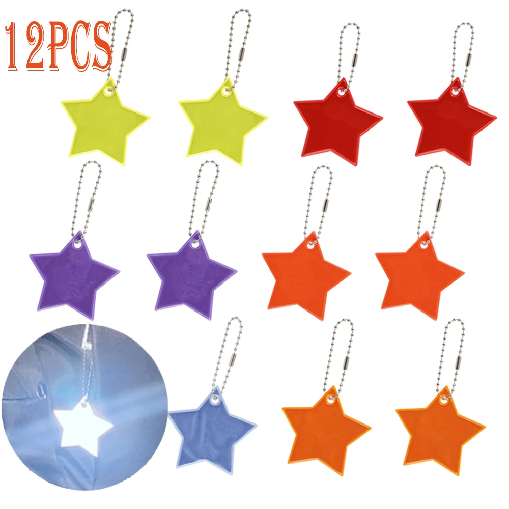 12PCS Reflector Pendant Super Bright Stars Children\'s Pendant Key Chain 6 Colors for Strollers/School Bag Back Pack Decorations