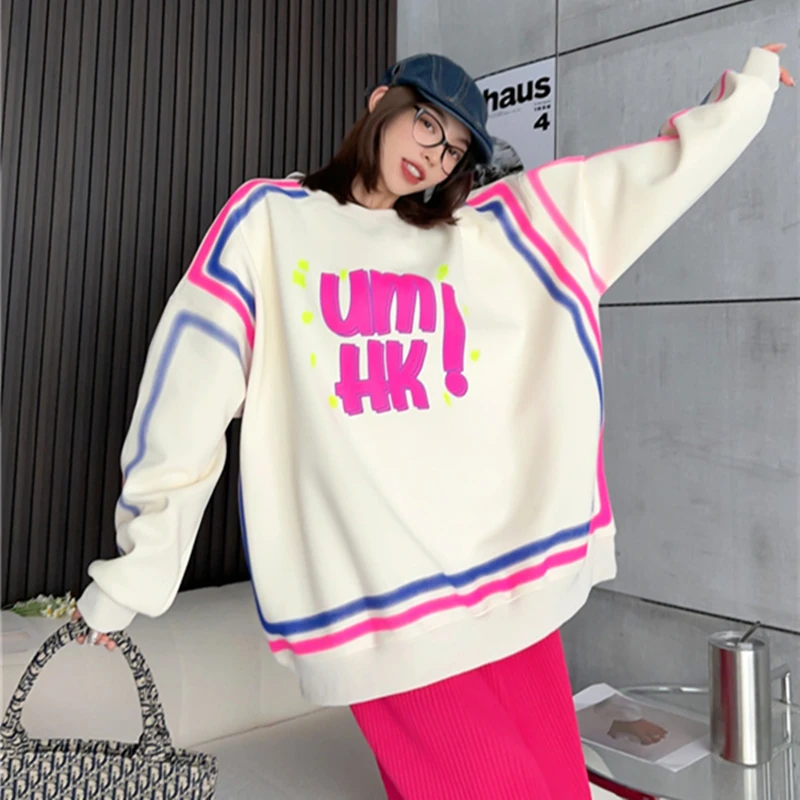 High Street Cute Colors Doodle Full Graphic Hoodies Women Loose Oversized Sweatshirt Y2K Korean Fashion Grunge Egirl Fall Winter