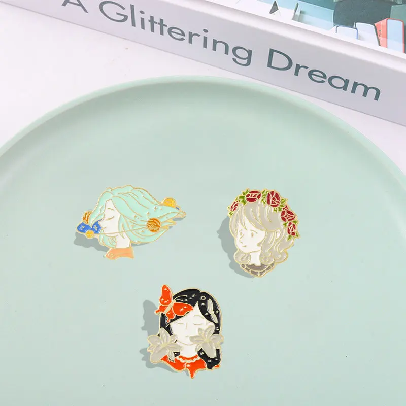 Enamel Pins Custom Planets Flowers Butterfly Brooches Lapel Badges Cartoon Jewelry Gift for Kids Friends Outer Space Girl