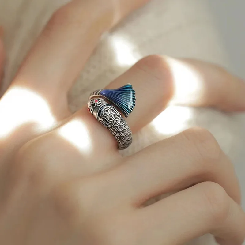 

New enamel carp ring for women, retro style, national literature and art style, open adjustable food ring