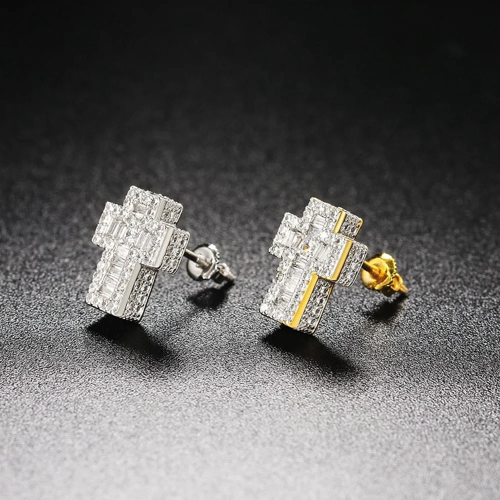 Luxury Punk Cross Earrings for Men Iced Out Zirconia Hiphop Stud Earring Gold Color Women's Accessories Fashion Jewellery