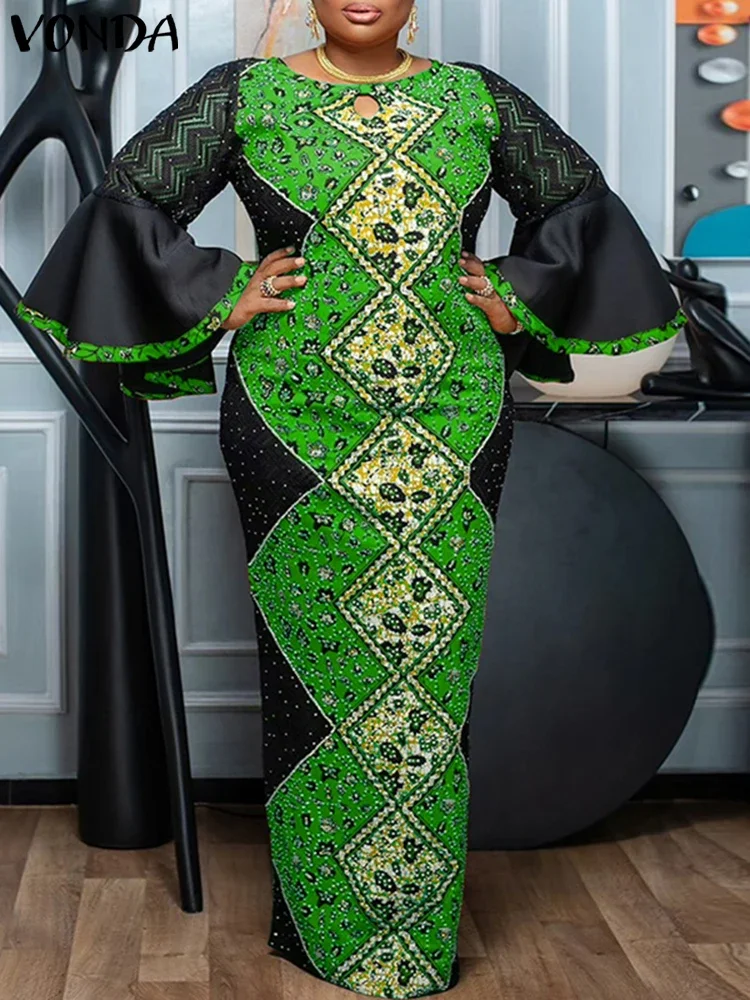 VONDAผู้หญิงMaxiชุดลูกไม้Patchwork Vestido Flare Sleeve Vintage Party Sundress 2025 ฤดูร้อนพิมพ์Robeขนาดใหญ่