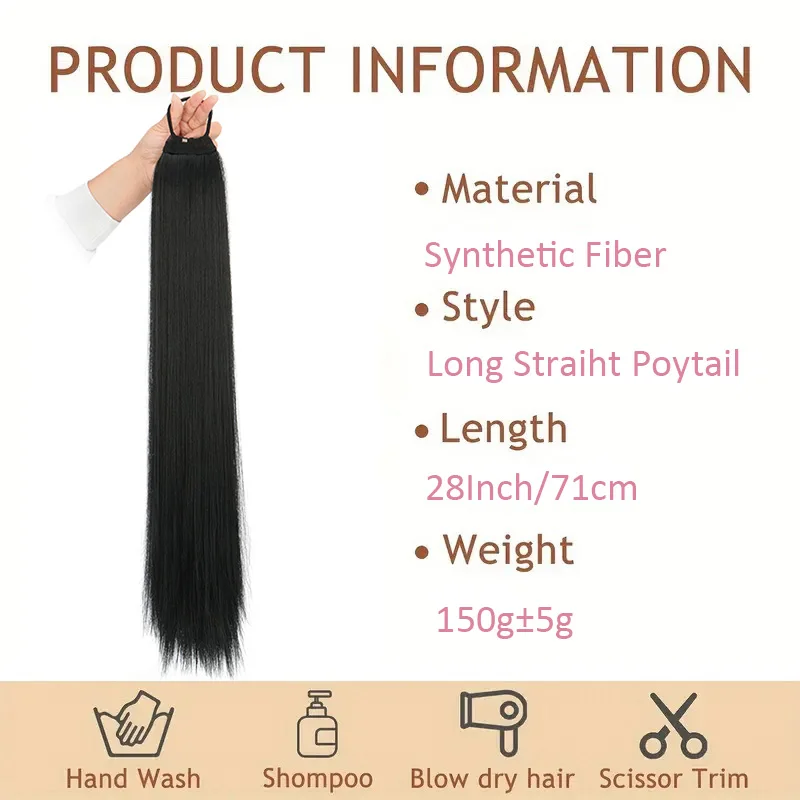 28Inch Synthetic Long Straight Ponytail Hair Extension Elastic Band Hair Heat Resistant Black Brown Ponytail for Women Christmas