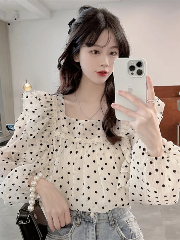 

Polka Dot Chiffon irt Summer Design Unique Ele Square Collar Bubble Sve Fairy Top Gentle Sweet Commute Sle Long Sl...