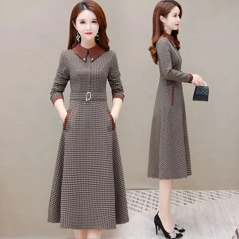 

Office Lady Vintage Lapel Plaid Dress Women Casual Slim Long Sleeve A-Line Dresses Spring Autumn Elegant Midi Vestidos De Mujer