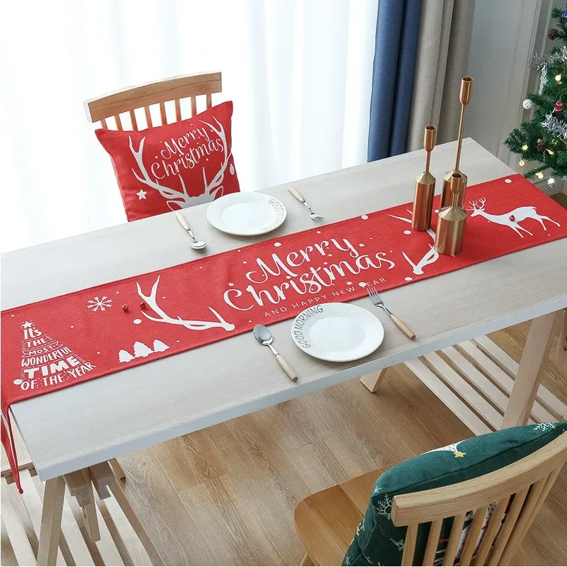 

Christmas deer Decor Tablecloth Printed Embroidered Christmas Table Runners Elegant Table Flag for Home New Year Decoration