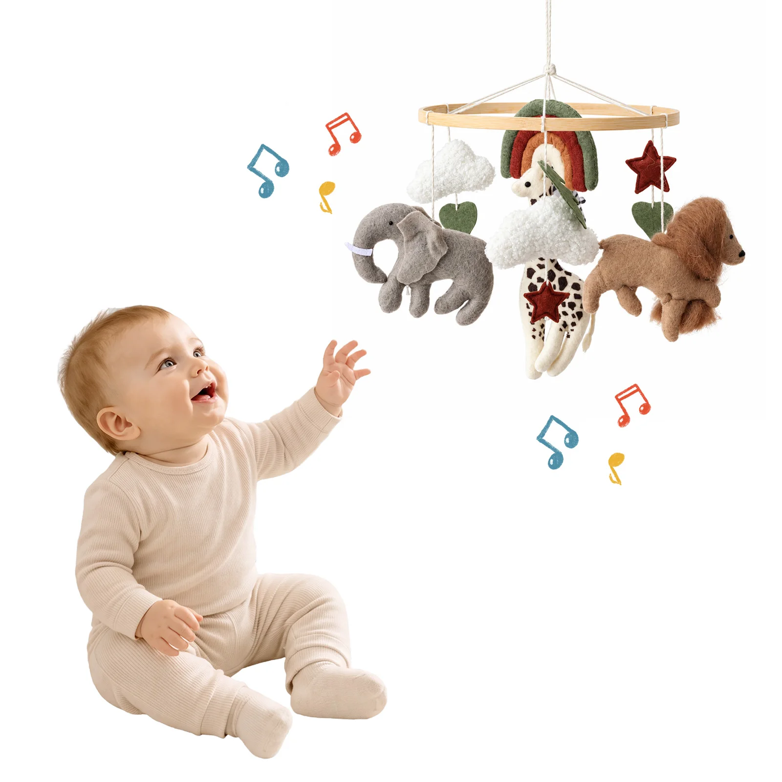 Baby Crib Mobile Forest Boho Felt Hanging Mobile Giraffe Elephant Lion Rainbow Cloud Star Soft Nursery Decor Newborn 0-12 Months