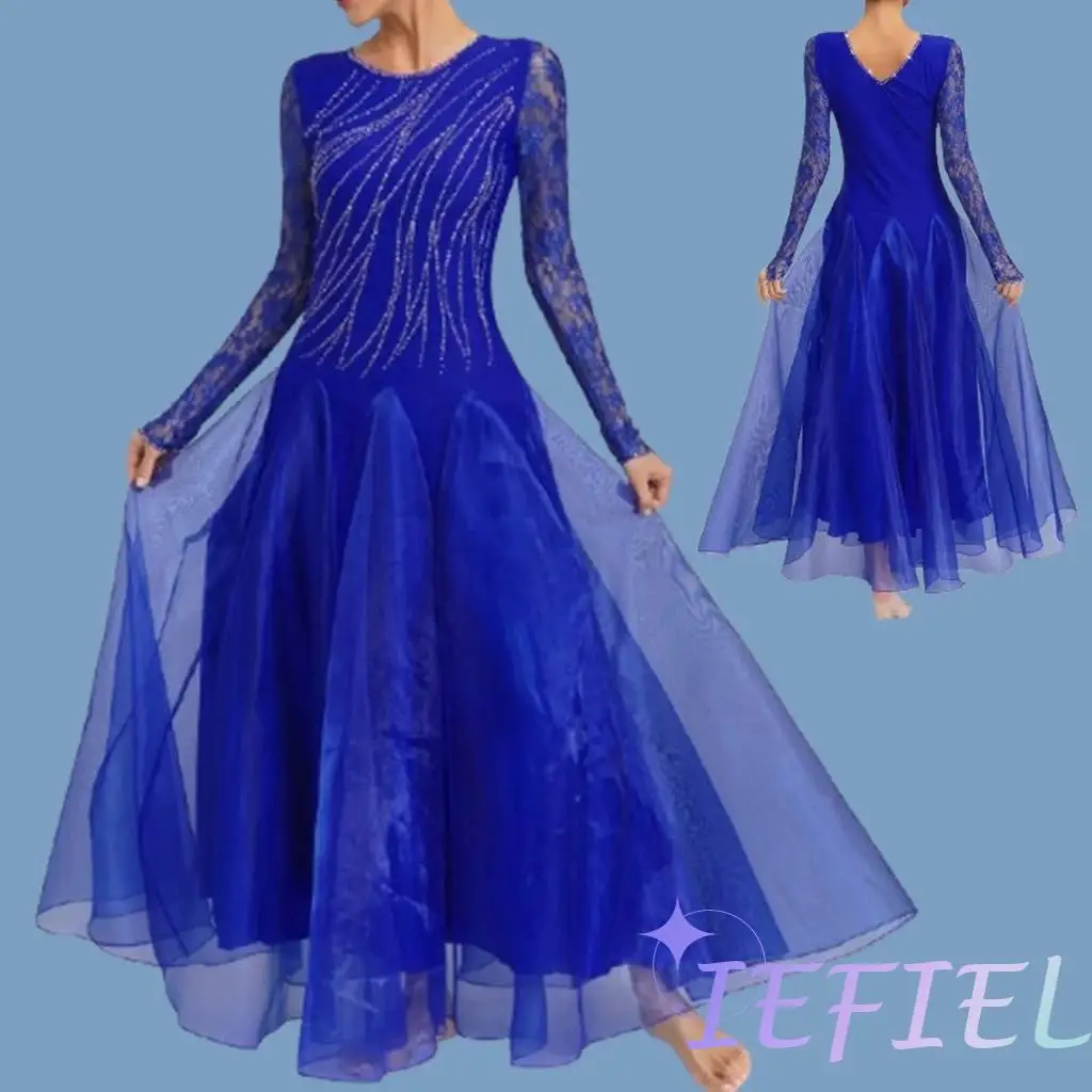 

Ladies Ballroom Dancewear Dress Shiny Rhinestone Professional Modern Waltz Competition Elegant Long Dress Prom Party Ball Gown