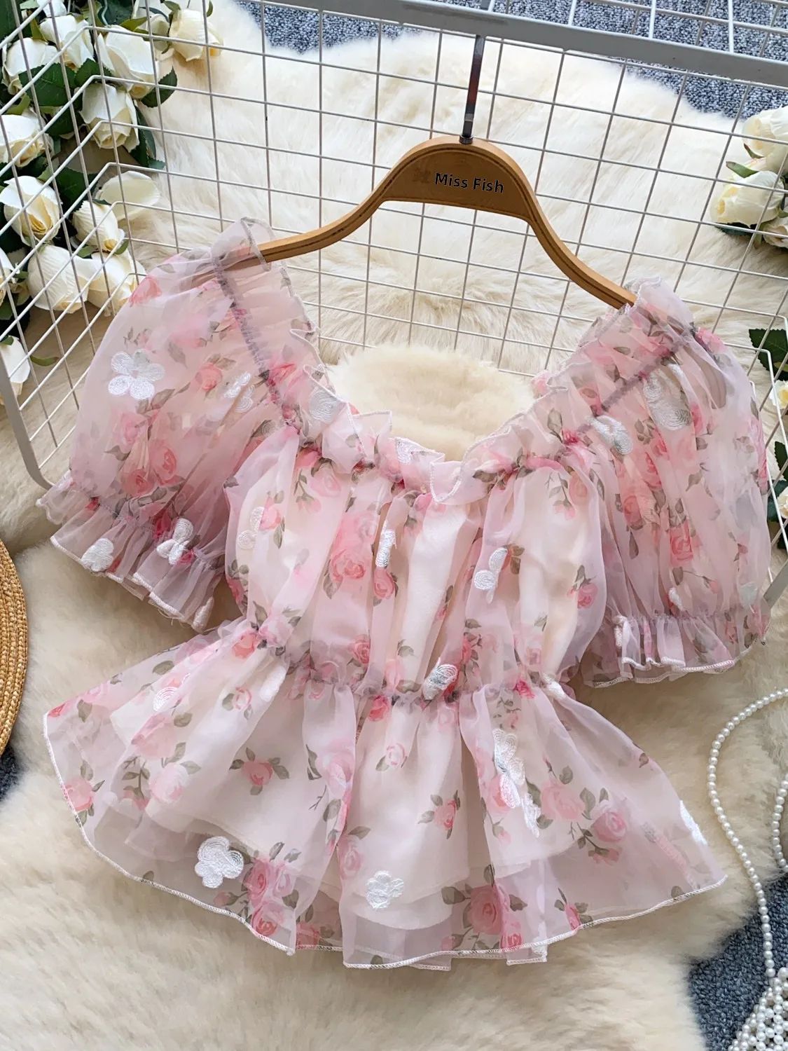 

Sweet Fairy Summer irt Women's Embroidered Me Bubble Sve Waist Cinched Blouse Korean Sle Loose Fit ort Sve Top