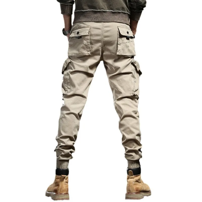 American Vintage Multi-pocket Cargo Pants Men Tide Brand Loose Straight Trouser Drawstring Wide Leg Casual Baggy Pants New