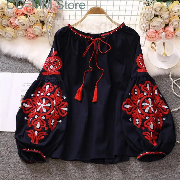 

New Sweet Style Women Pullover Shirts Embroidery Patchwork Bandage V-neck Lantern Sleeve Spring Summer Blouse