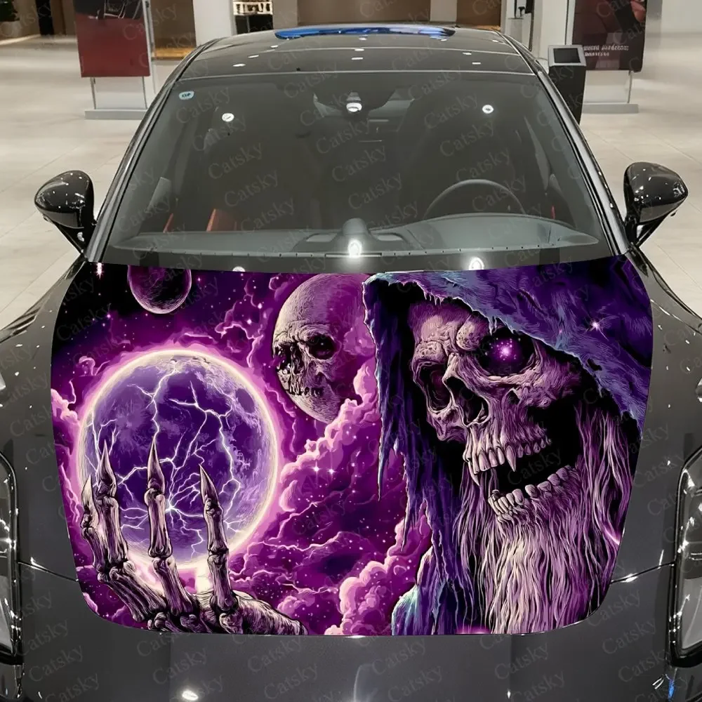 Hooded Skeleton Under Purple Lightning Starry Sky Car Vinyl Wrap, PVC Material Waterproof Car Hood Sticker, Self-Adhesive Scratc
