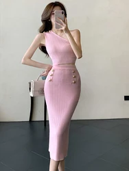 Korean Fashion Summer Pink Knitting 2 Piece Set Women Sexy One Shoulder Slim Vest Crop Tops +High Waist Bodycon Long Skirt Suit