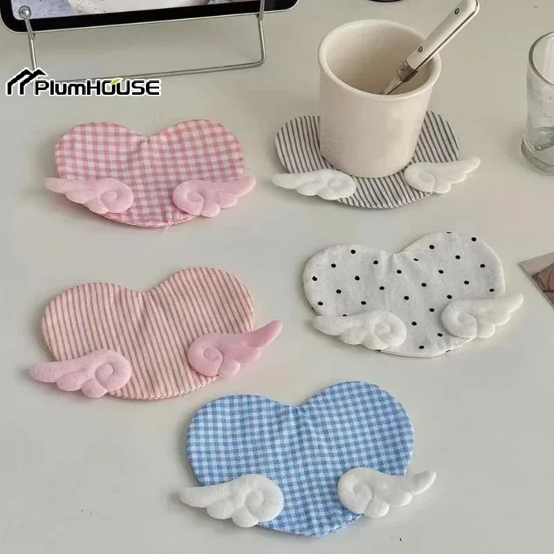1Pcs Aesthetic Plaid Anti Scald Table Mat Sweet Girly Angel Wing Heart Coaster Cute Desk Decor Birthday Gift