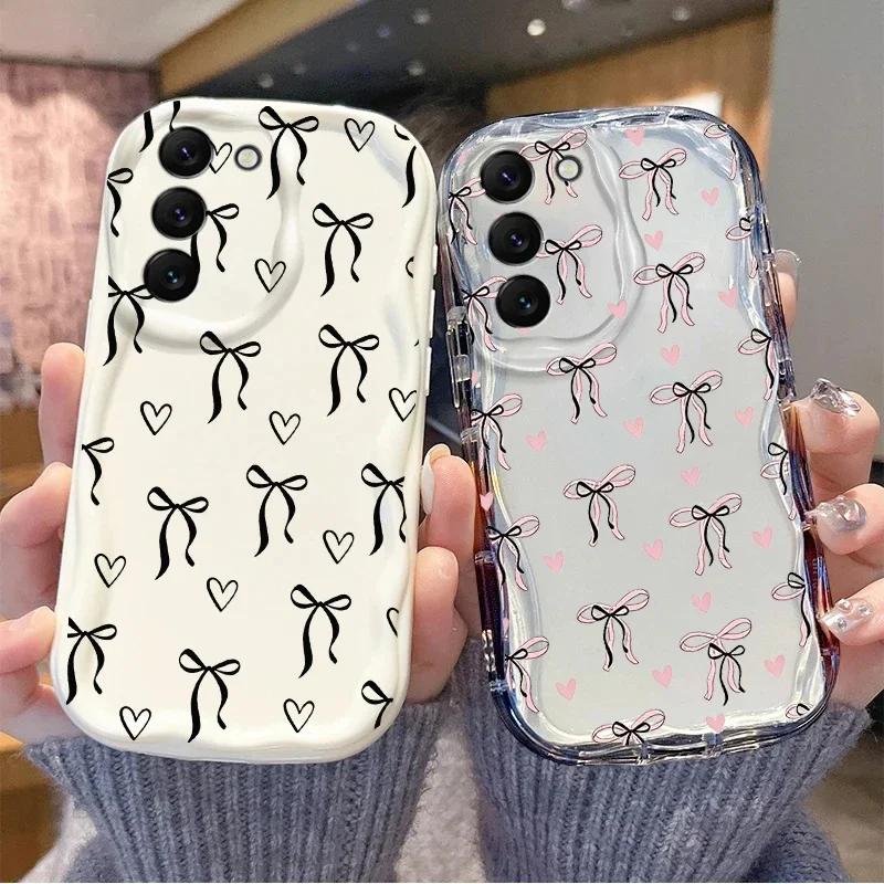 Minimalist Black Hearts Bow Case For Samsung Galaxy S22 S23 S21 Ultra Plus S20 FE A25 A24 A14 A34 A35 A05 A05S A53 A33 A52 A32