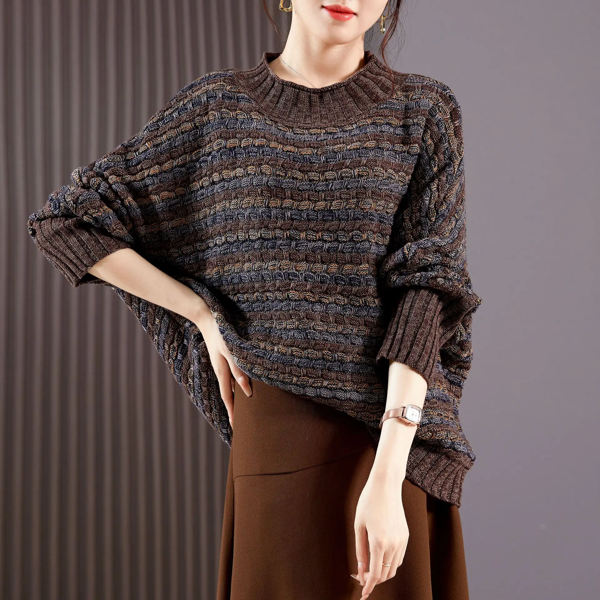 2024 Autumn and Winter New Casual Temperament Brown Pure Cotton Knitted Pullover Sweater Loose Long-sleeved Bat Top for Women