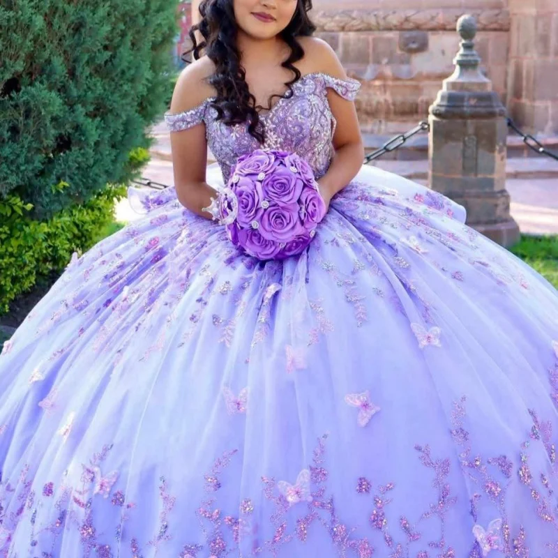 

Индивидуальные лавандово-фиолетовые платья Quinceanera с открытыми плечами, блестками и кристаллами, аппликация, цветок, длинный хвост, Vestido 15, Quinceanera