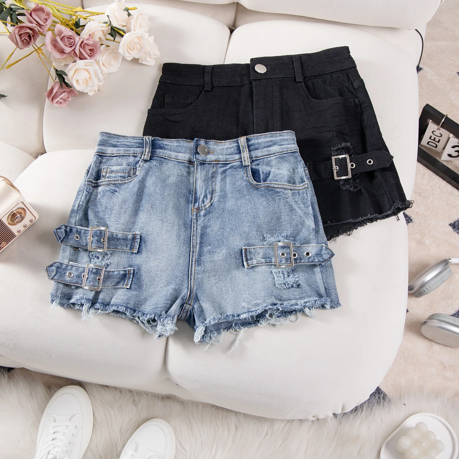 خريف جديد عالية الخصر مثير ممزق الدينيم المرن السراويل الجينز النساء