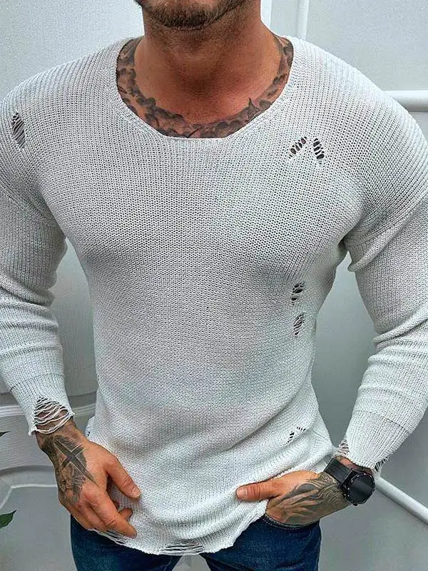 

Spring Summer New Men's Knitted Base irt Thin Hole Long Sve round Ne Overhead Sle Menswear DK Mesa Brand