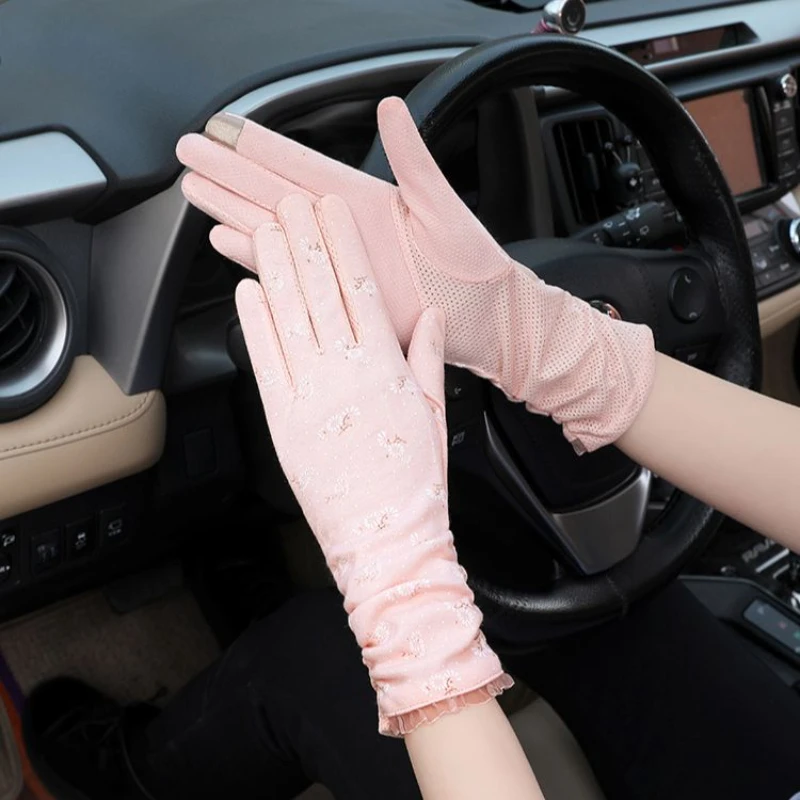 Summer Gloves for Women UV Protection Breathable Thin Cotton Mid-length Driving Bike Anti-slip Touch Screen White Gloves