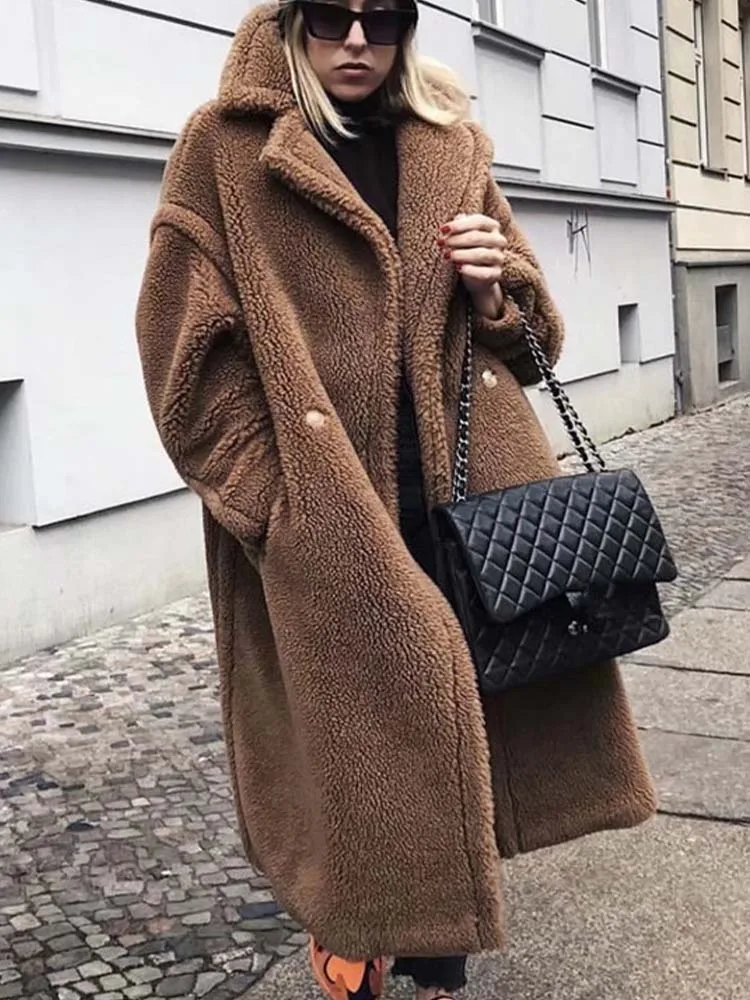 

Oversized Lamb Wool Jacket Women Winter Loose Teddy Coats Female Thick Plush Outwear Ladies Vintage Lapel Long Sleeve Warm Coat