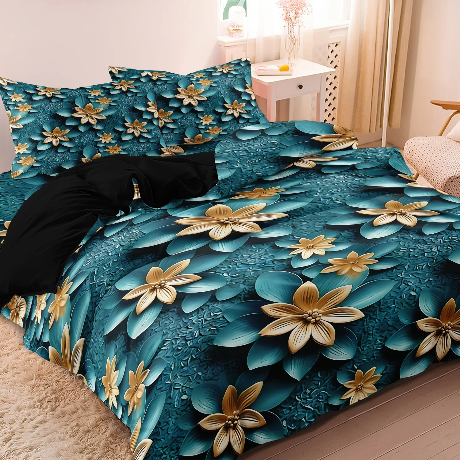 3pcs Deep Blue-Green Color & Golden Flower Pattern Bedding Duvet Cover Set,Zip Closure, Perfect Gift For Family & Friends