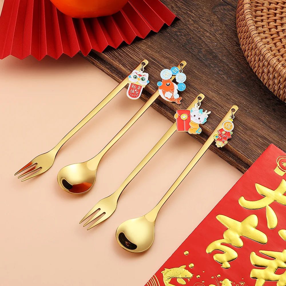 Creative New Year Gift Box Coffee Spoon Fruit Fork Set Stainless Coffee Spoons Home Table Decor Dessert Scoop Fruit Fork Spoon