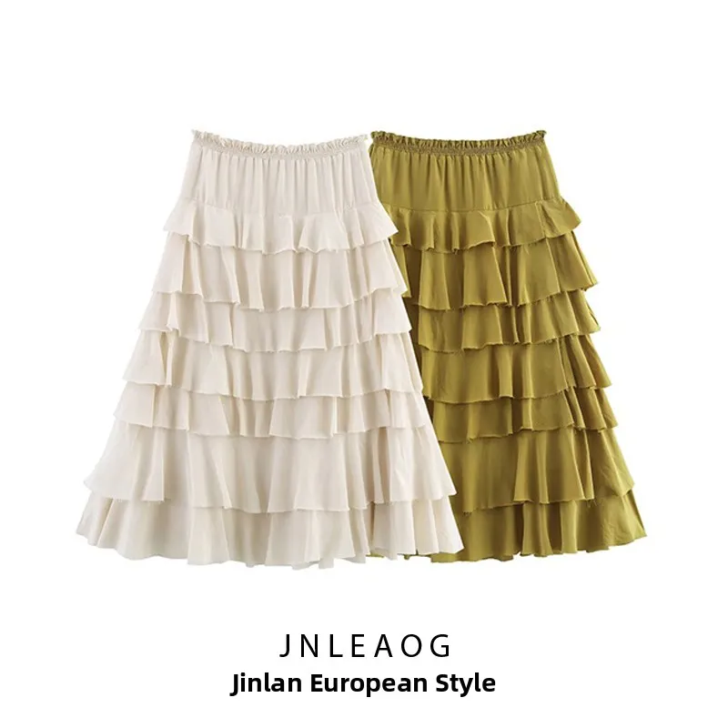 Série de Moda Fena Nova Primavera JNLEAOG, Saia Midi Decorativa em Camadas, Casual, Cintura Alta, Fibra de Poliéster, Sai...