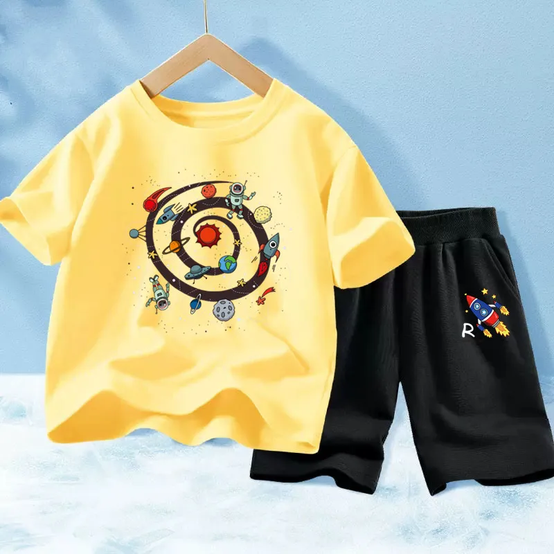 Baby Boy Summer Clothes Set Kids Cartoon Space T shirts+Loose Shorts Suit 2PCS Pack Teens Sports Clothing Sets