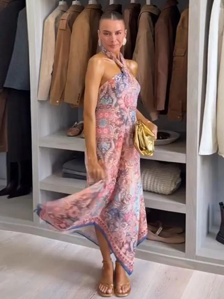 Damen-Abendkleider mit Neckholder, bedruckt, tailliert, unregelmäßiger Saum, langes Kleid, charmantes, ärmelloses, rückenfreies, schmales Kleid für Damen – Detail 17