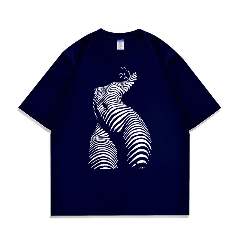 Nueva camiseta holgada de verano para hombre, camiseta pesada americana con personaje de arte lineal, ropa de calle de tendencia de moda, Harajuku Unisex