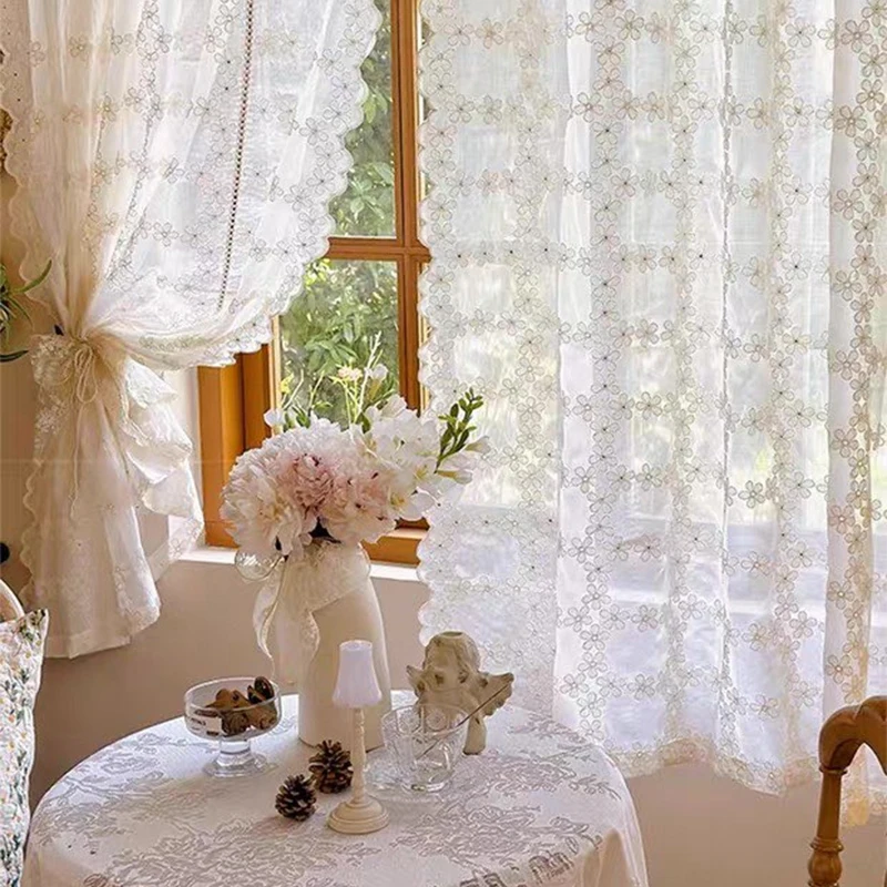 2PCS French Romantic Hollow Floral Embroidery Voile Curtain for Living Room Sheer Window Drape Home Decoration#E