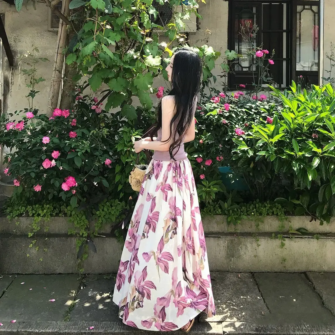 Purple Watercolor Floral Maxi Skirt Elastic Drawstring High Waist Flowy Pleated Swing Long Skirt Summer Boho Vacation Casual Y2K