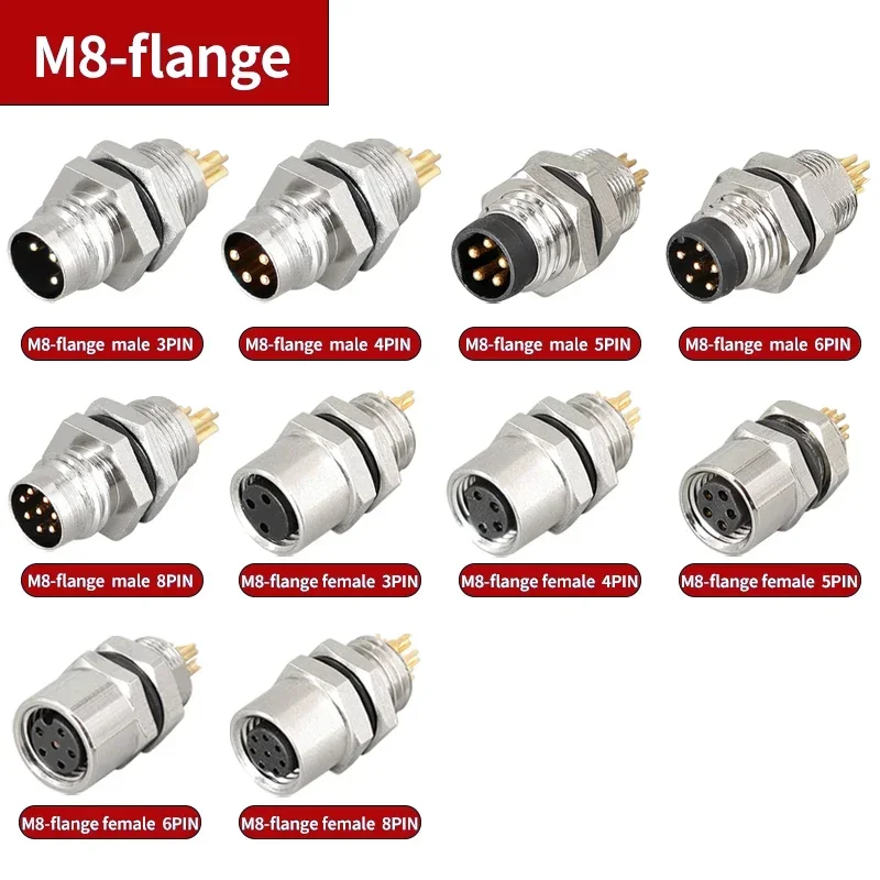 A Type M8 3/4/5/6/8-Core Pin Sensor Connector Panel Front/Back Mount Screw Threaded Male Female Aviation Flange Socket