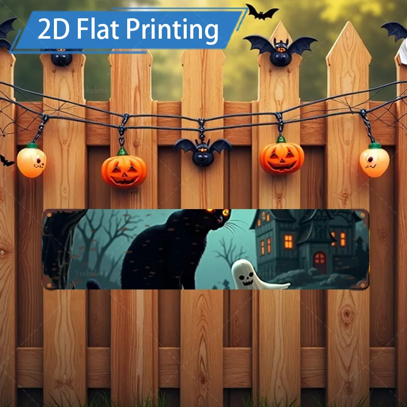 1 قطعة 4x16 بوصة علامة معدنية للهالوين 2D علامة معدنية مطبوعة مسطحة-قطة مخيفة وديكور منزل مسكون