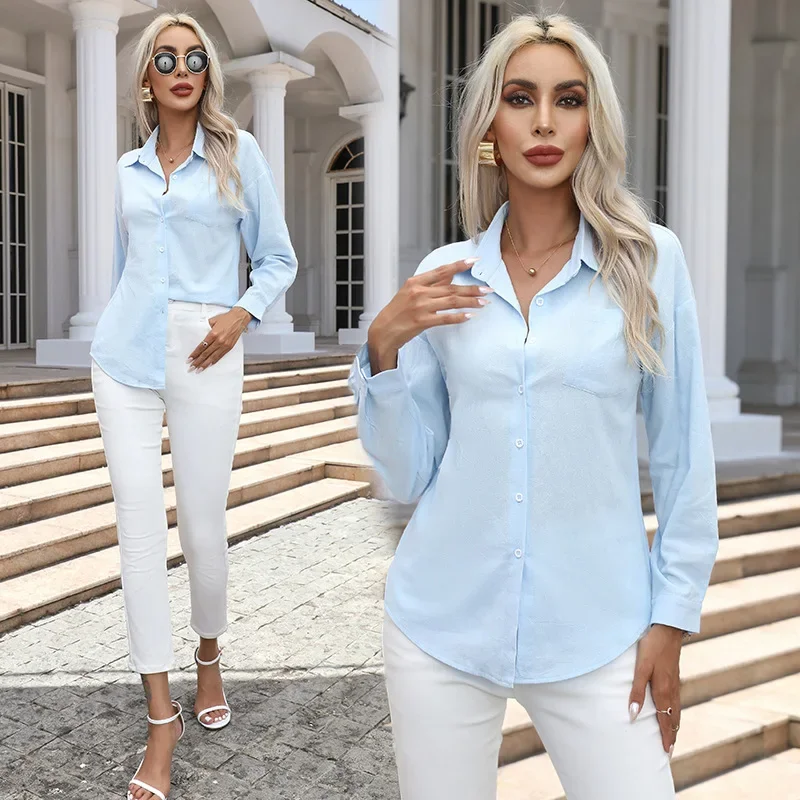 Commuter Casual 100% Cotton Shirts Long Sleeve Loose Soild Formal Shirt With Pockets Womens Top Streetwear Elegant White Blouse