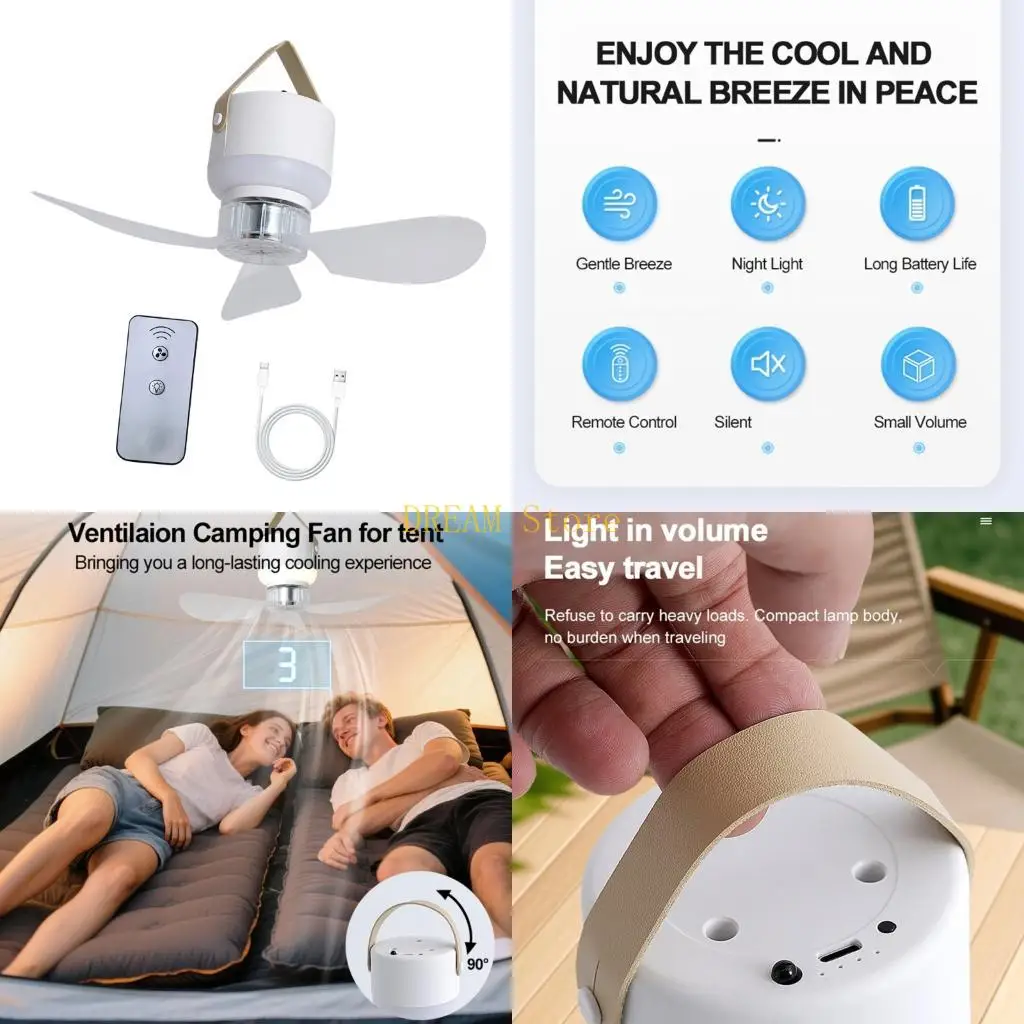 Rechargeable Outdoor USB Ceiling Fan With 4000mAh Battery And Warm Light 3 Speed Setting For Tent Best Sale