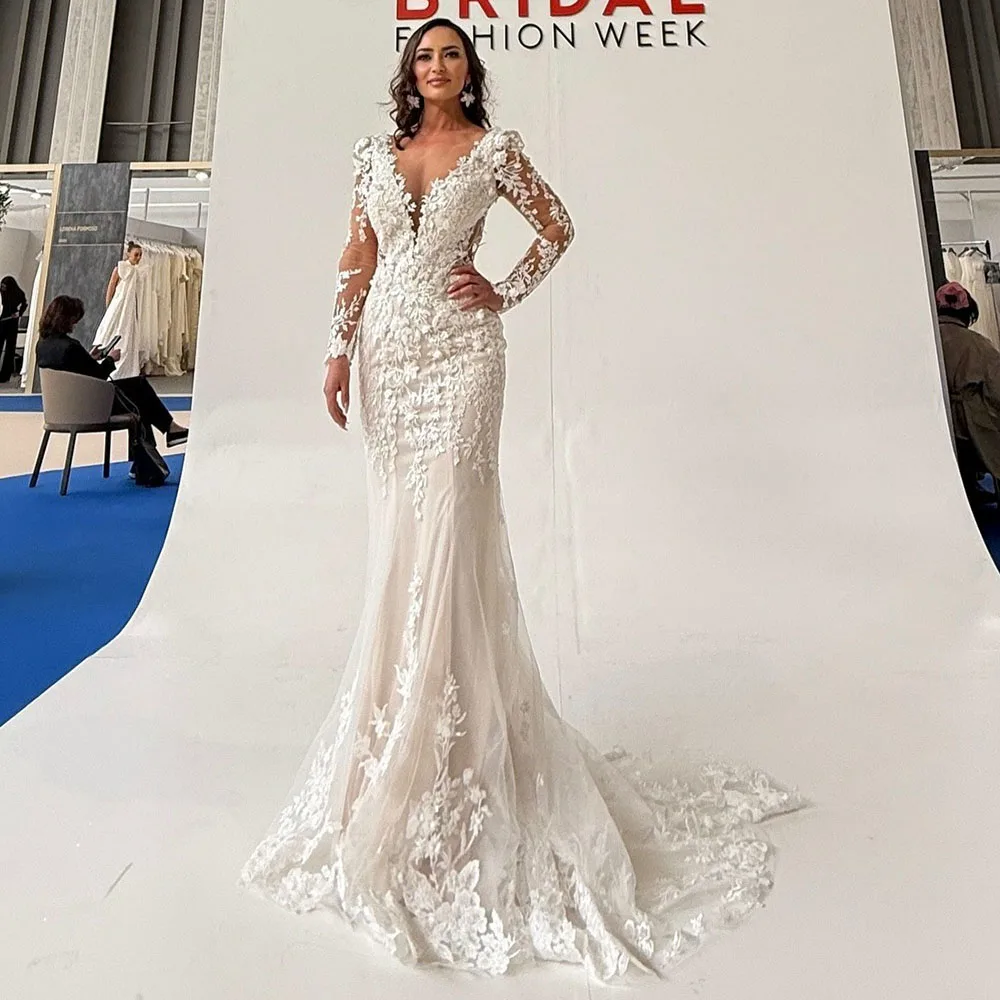 

Luxury Long Sleeve Mermaid Wedding Dresses 2025 Boho Lace Appliques Long Bridal Dress V Neck Tulle Women Wedding Gown Customizd