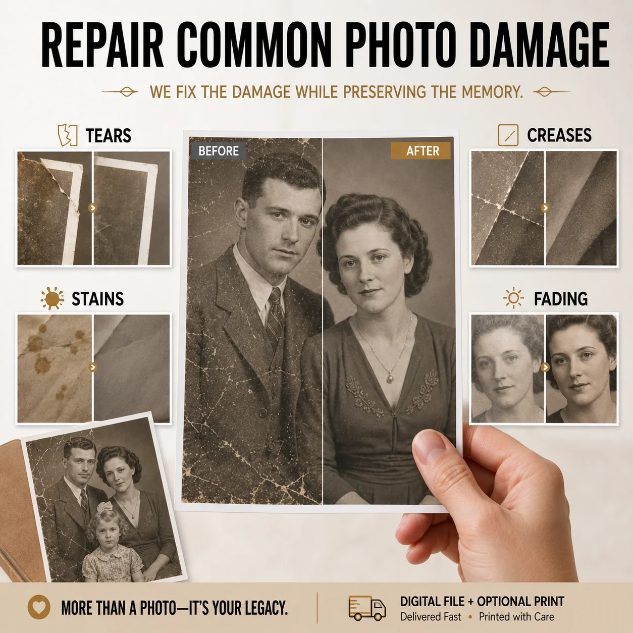 Old Photo Repair Service Custom Picture Restoration Colorization for Damaged Faded Blurry Photos Memory Gift Family image 5