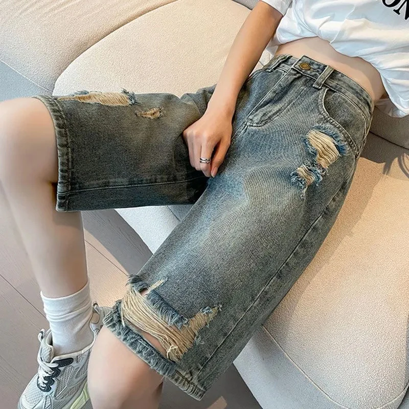

American Vintage Ripped Knee Length Jeans High Waisted Straight Street Wide Leg Pants Hollow Out Casual Lazy Denim Trousers