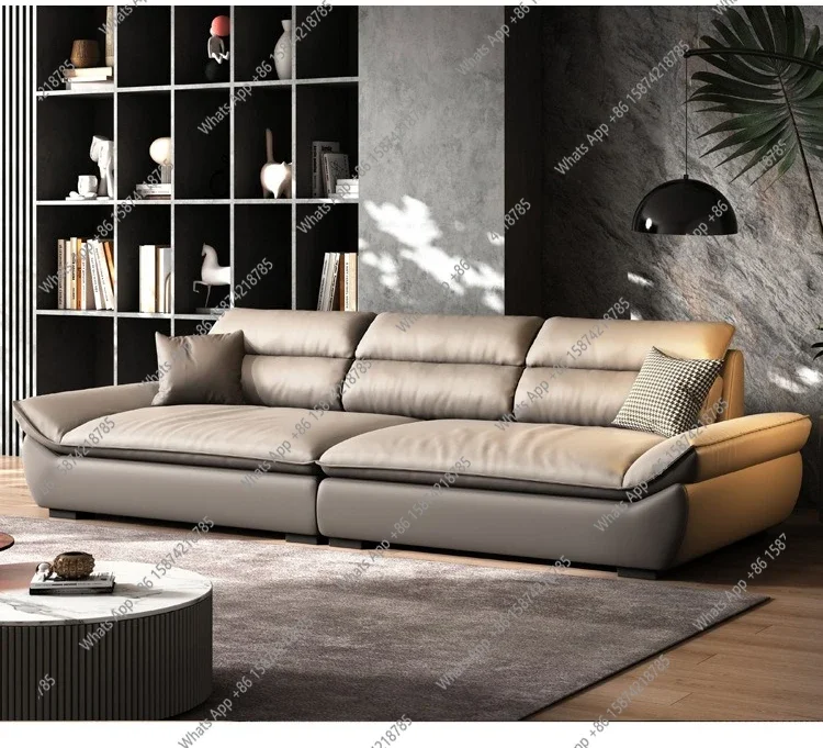 JJ Italian Minimalist Leather Sailing Sofa, New Light Luxury Living Room Sofa, Modern High-end Large Sitting Deep Straight Row S